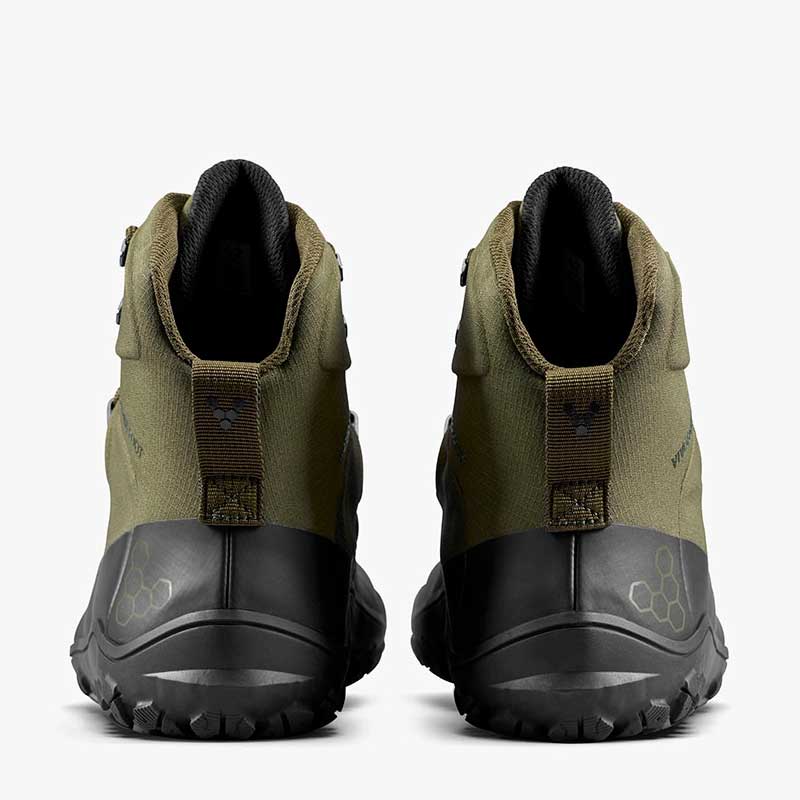 Pair of Vivobarefoot Women's Hiking Boots Tracker Textile AT II - Dark Olive, rear view.
