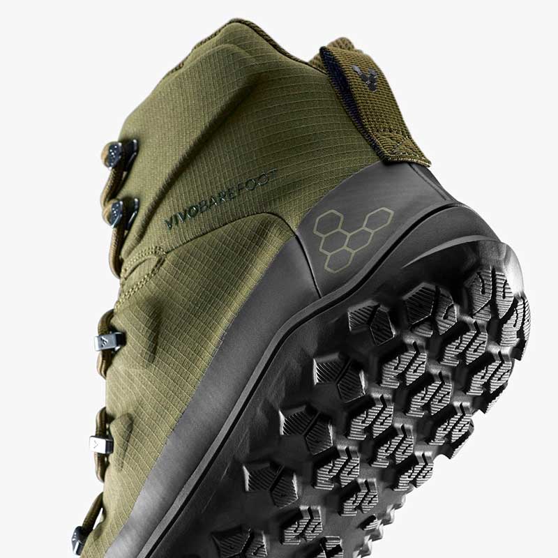 Vivobarefoot Women's Hiking Boot Tracker Textile AT II - Dark Olive, angled view showing the sole.