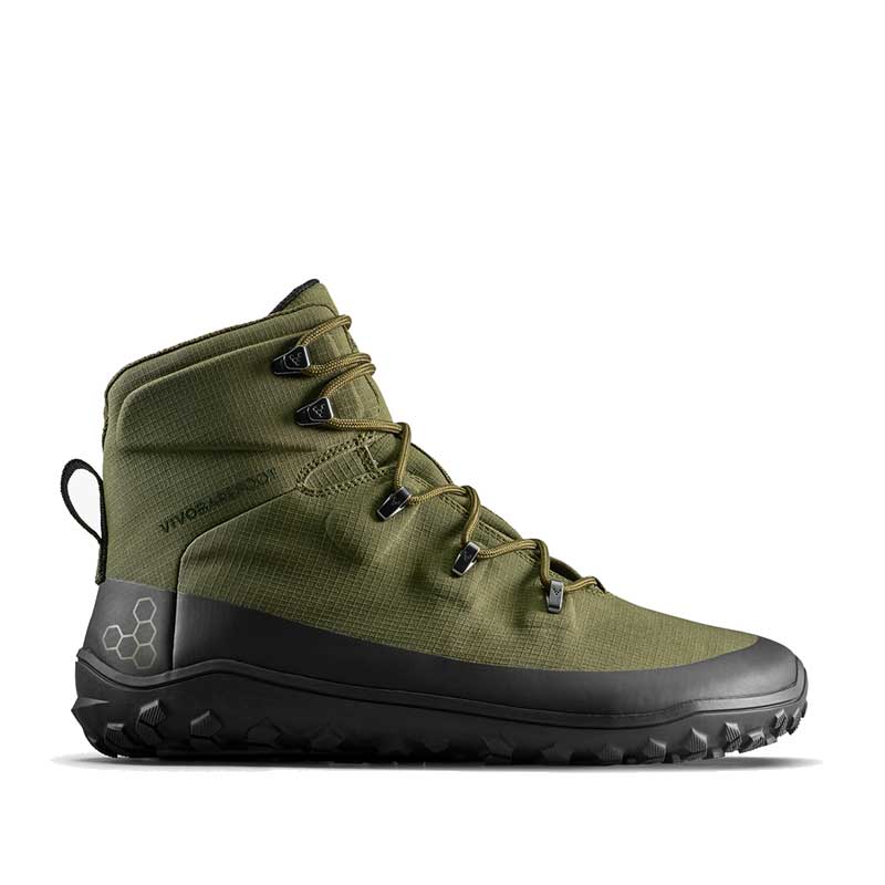 Vivobarefoot Women's Hiking Boot Tracker Textile AT II - Dark Olive, outer side view.