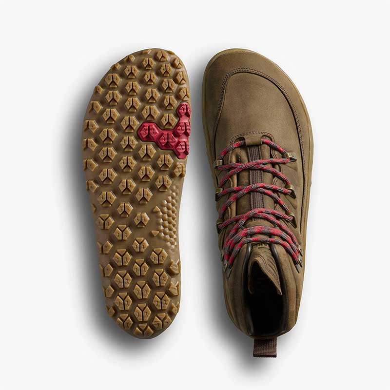 Pair of Vivobarefoot Women's Walking Boots Tracker Leather AT II - Bracken, one showing the sole view and the other showing the top view.