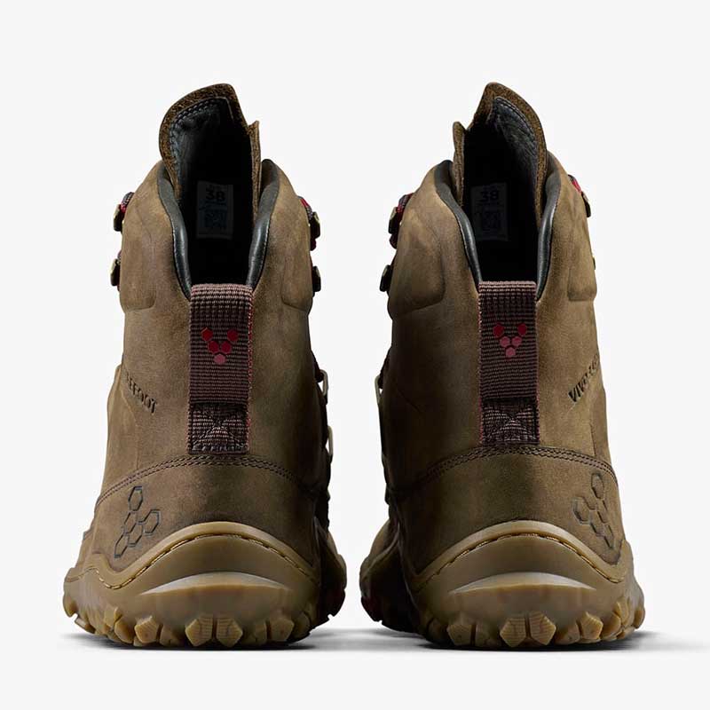 Pair of Vivobarefoot Women's Walking Boots Tracker Leather AT II - Bracken, rear view.