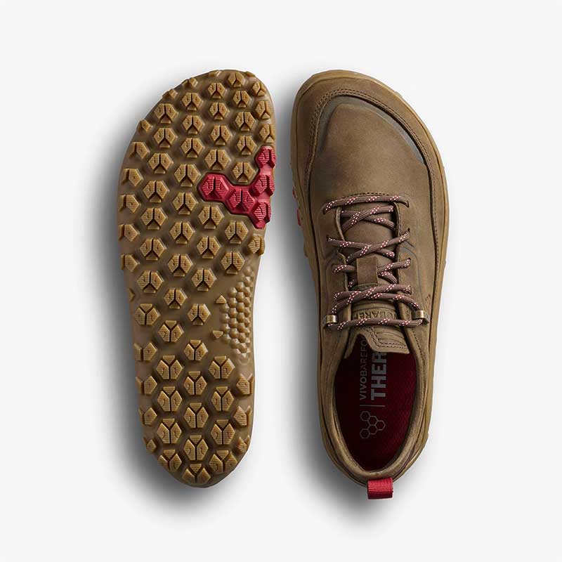 Pair of Vivobarefoot Women's Hiking Shoe Tracker Leather AT Low II - Bracken, one showing the sole view and the other showing the top view.