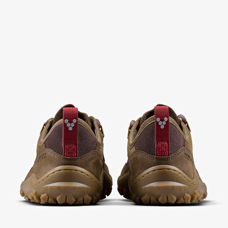 Pair of Vivobarefoot Women's Hiking Shoes Tracker Leather AT Low II - Bracken, rear view.