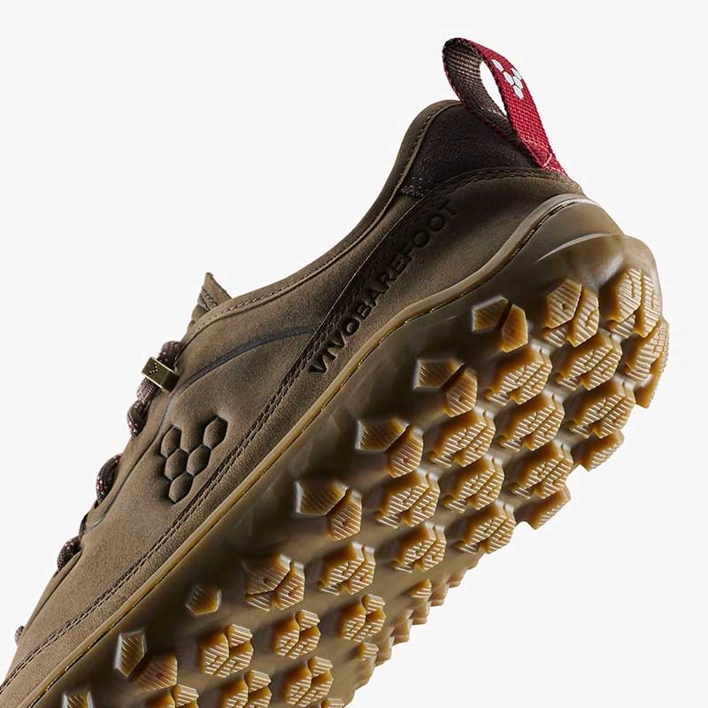 Vivobarefoot Women's Hiking Shoe Tracker Leather AT Low II - Bracken, angled view showing the sole.