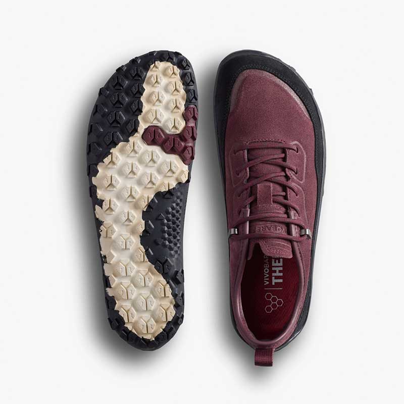 Pair of Vivobarefoot Women's Hiking Shoes Tracker Leather AT Low II Suede - Fig, one showing the sole view and the other showing the top view.