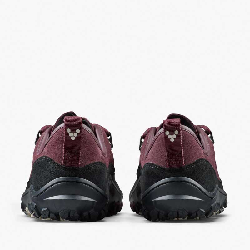 Pair of Vivobarefoot Women's Hiking Shoes Tracker Leather AT Low II Suede - Fig, rear view.