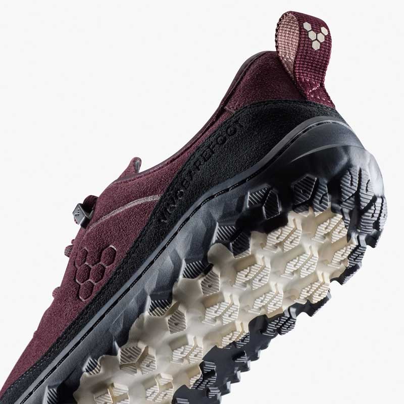 Vivobarefoot Women's Hiking Shoe Tracker Leather AT Low II Suede - Fig, angled view showing the sole.