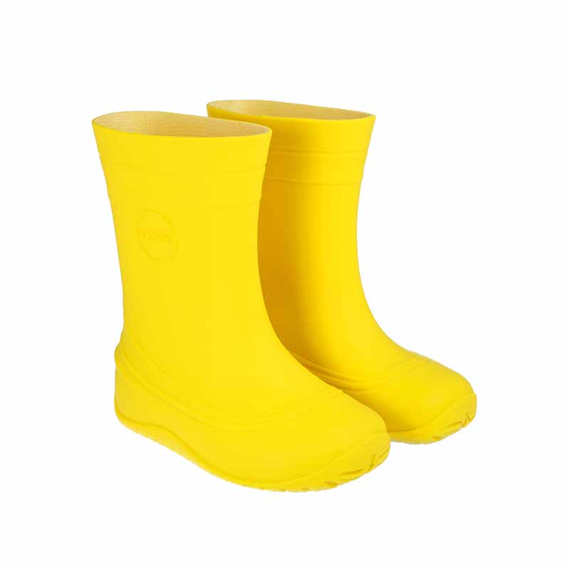 Pair of Rayve Kids Wellingtons Monsoon - Yellow, angled view showing outer side and front.