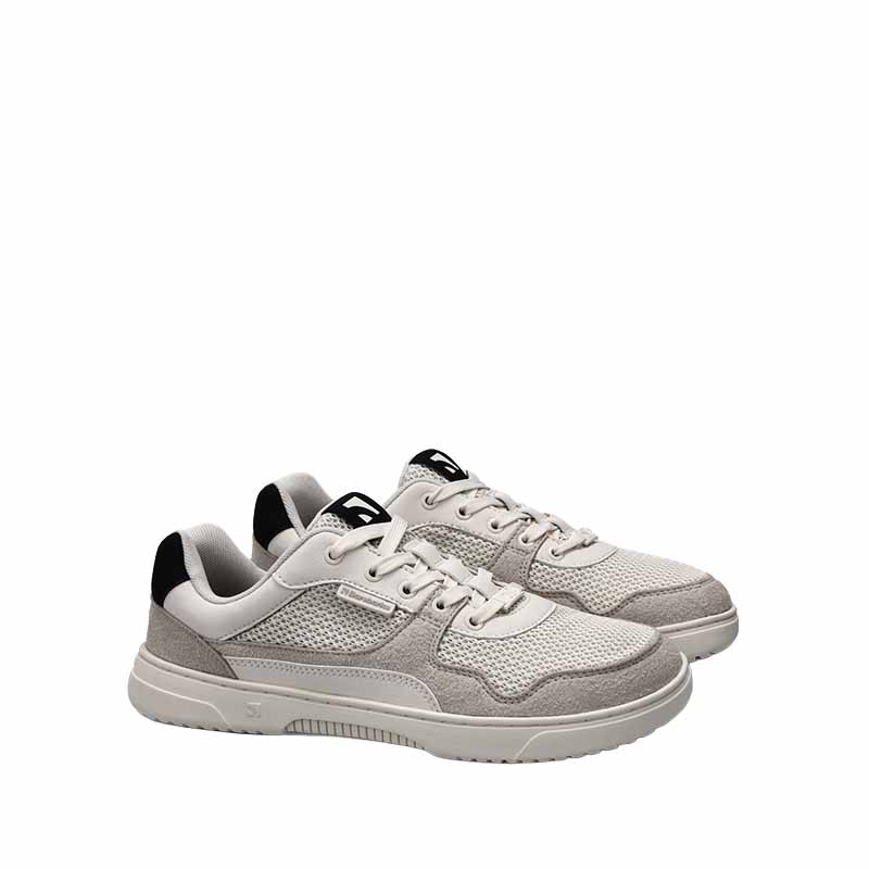 Pair of Be Lenka Adults Barebarics Vegan Trainers Zing Fresh - White and Beige, outer side view.