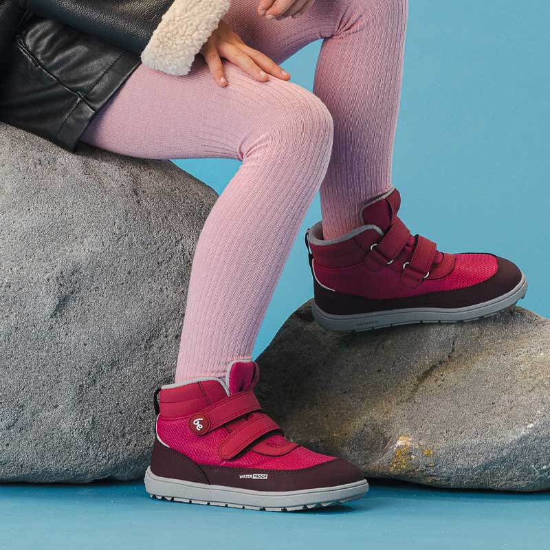 Child wearing Be Lenka Kids Waterproof Boots Zippu - Berry and Grey.