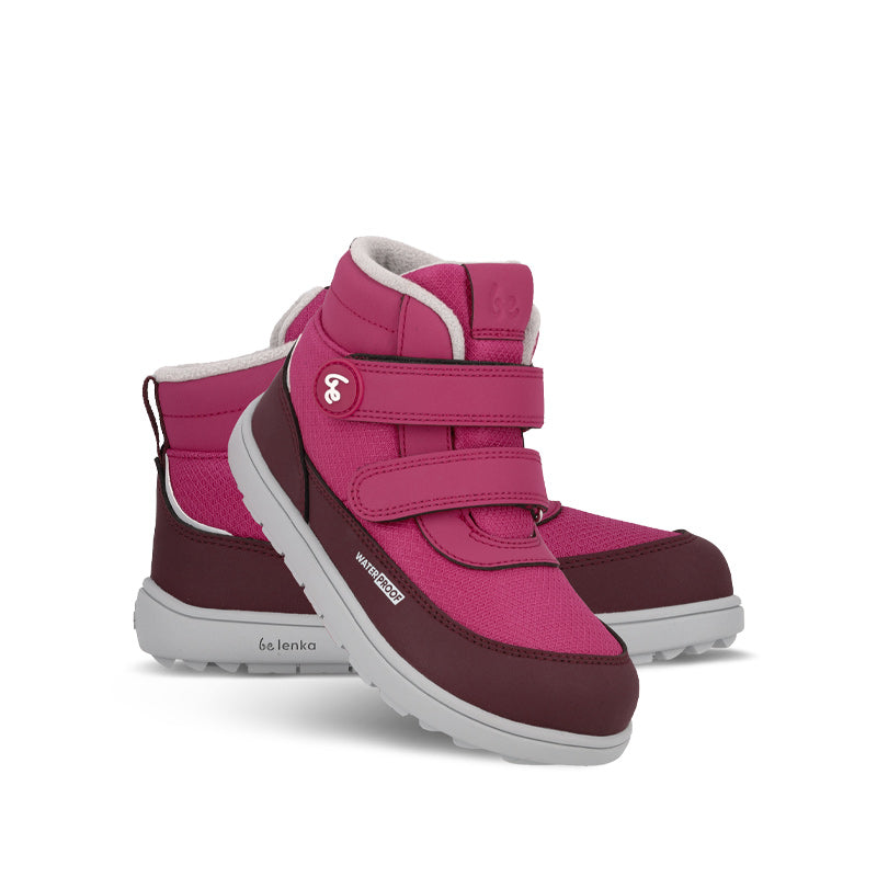 Pair of Be Lenka Kids Waterproof Boots Zippu - Berry and Grey, one leaning against the other. One showing the outer side and front view and the other slightly showing the inner side.