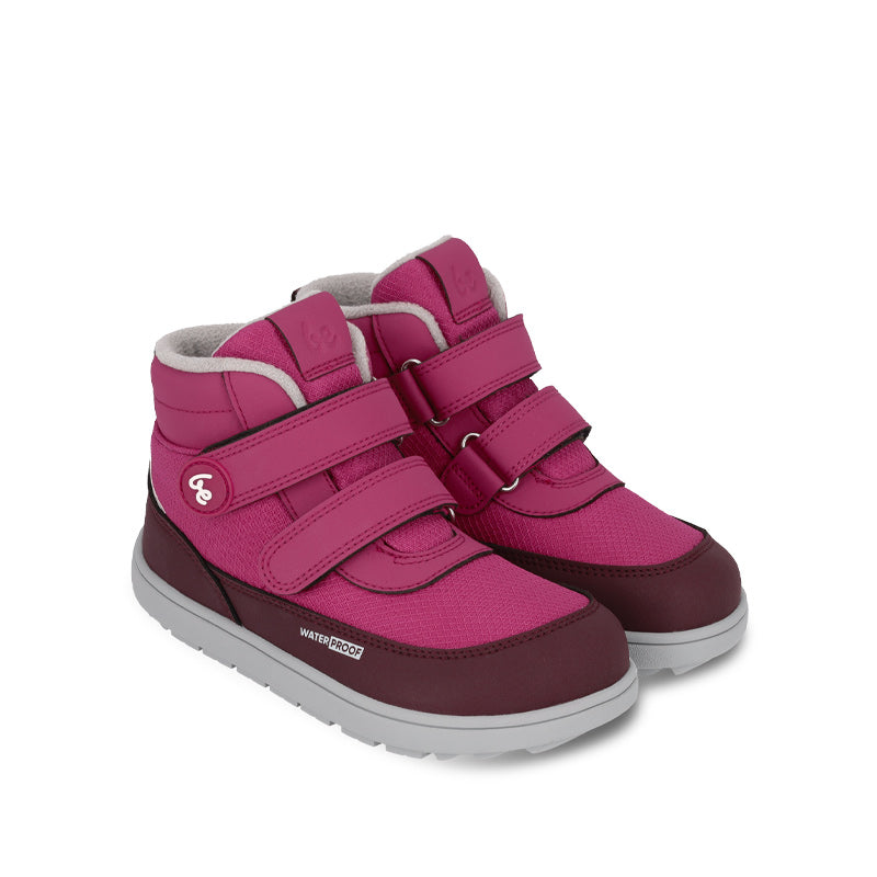Pair of Be Lenka Kids Waterproof Boots Zippu - Berry and Grey, angled view showing outer side and front.