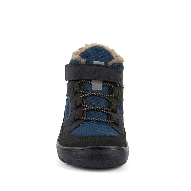 Froddo Kids Barefoot Waterproof Up Path Boot - Black and Blue, front view.