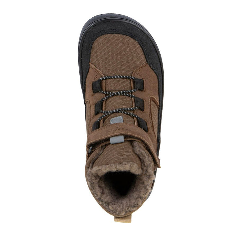 Froddo Kids Barefoot Waterproof Up Path Boot - Brown, top view.