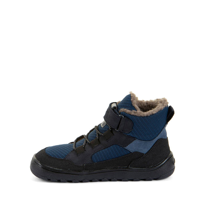 Froddo Kids Barefoot Waterproof Up Path Boot - Black and Blue, inner side view.