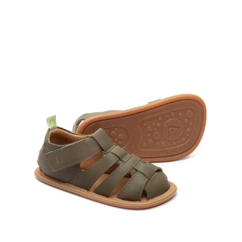 Pair of Tip Toey Joey Toddler Sandals Sandy - Mineral Green, one showing the outer side and the other showing the sole view.