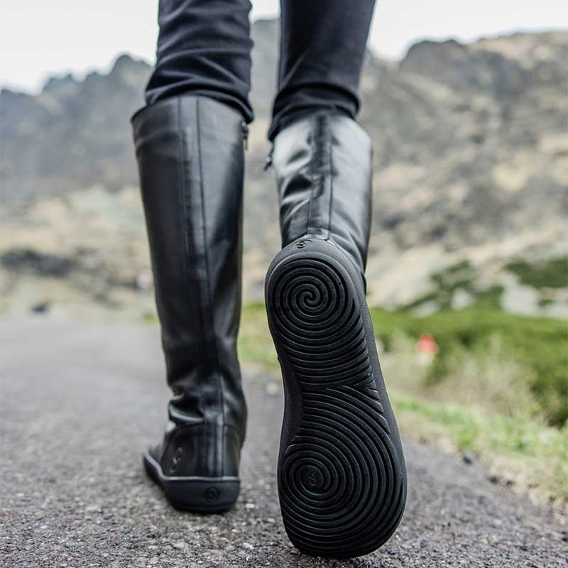 Person wearing Shapen Women's High Lace-Up Boots Abby - Black, rear and sole view.