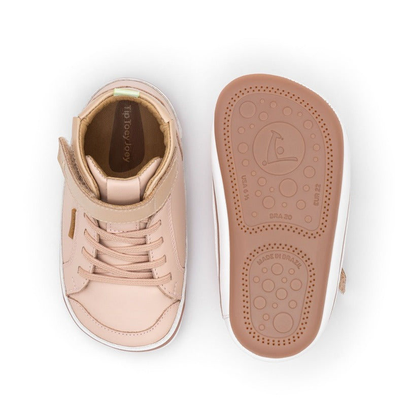Pair of Tip Toey Joey Toddler High Top Trainers Alley - Cotton Candy and Pink Pearl, one showing the top view and the other showing the sole view.