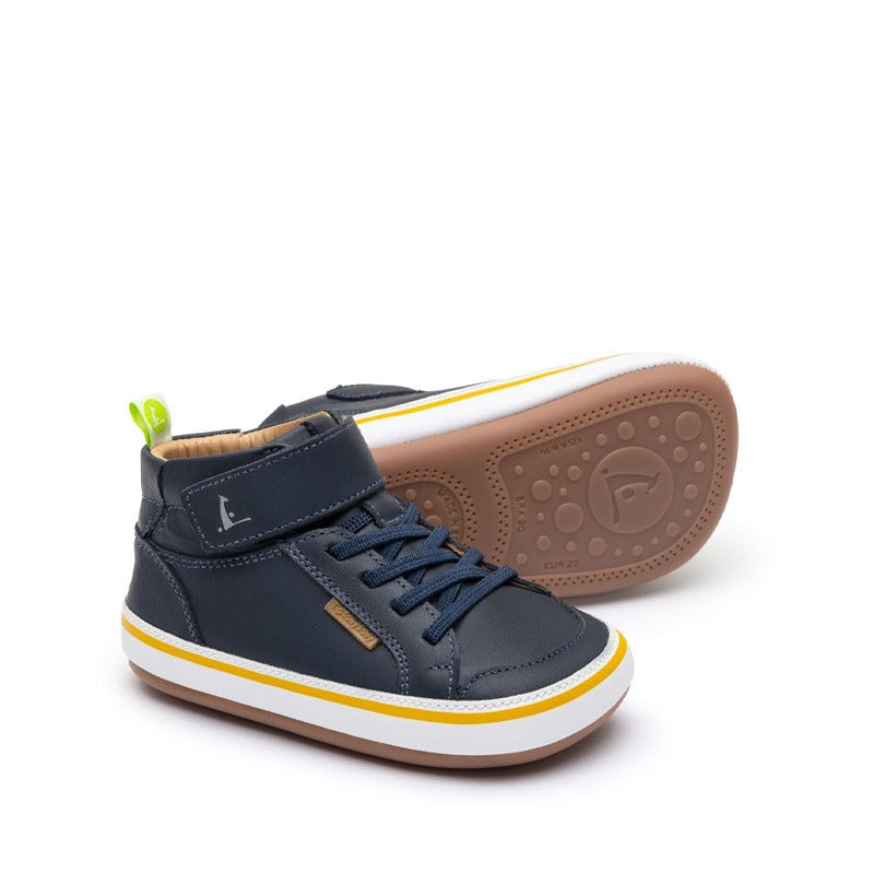 Pair of Tip Toey Joey Toddler High Top Trainers Alley - Navy and White, one showing the outer side and the other showing the sole.