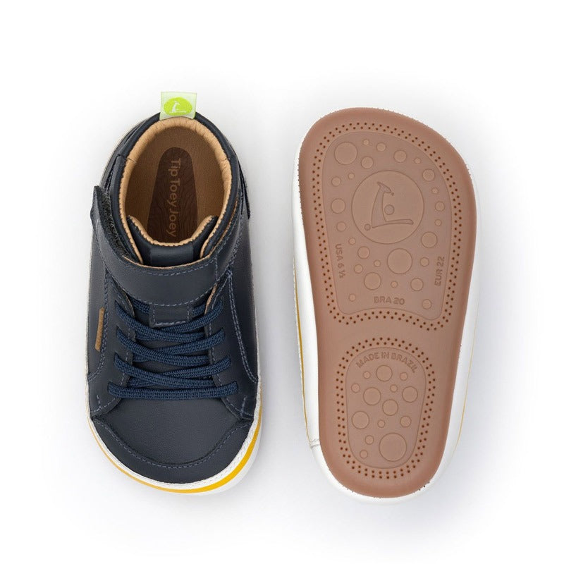 Pair of Tip Toey Joey Toddler High Top Trainers Alley - Navy and White, one showing the top view and the other showing the sole view.