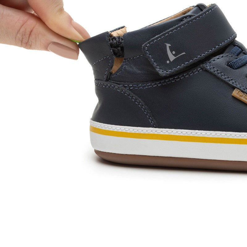 Tip Toey Joey Toddler High Top Trainer Alley - Navy and White, close up of heel.