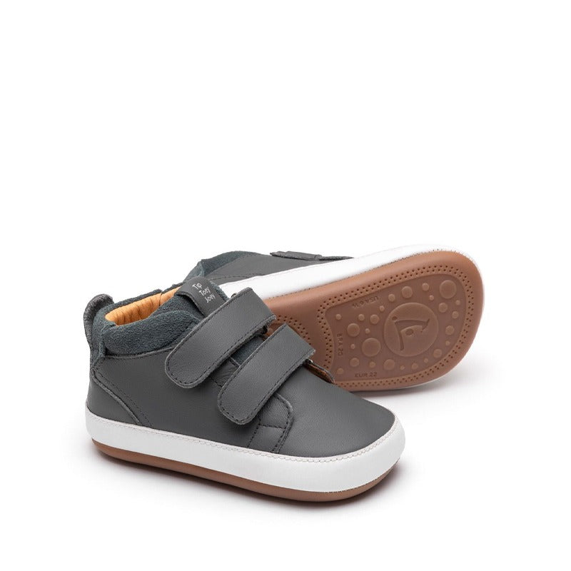 Pair of Tip Toey Joey Toddler High Top Trainers Cascade - Slate Blue, one showing the outer side and the other showing the sole.