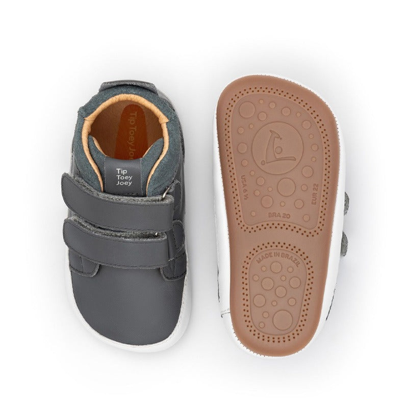 Pair of Tip Toey Joey Toddler High Top Trainers Cascade - Slate Blue, one showing the top view and other showing the sole view.