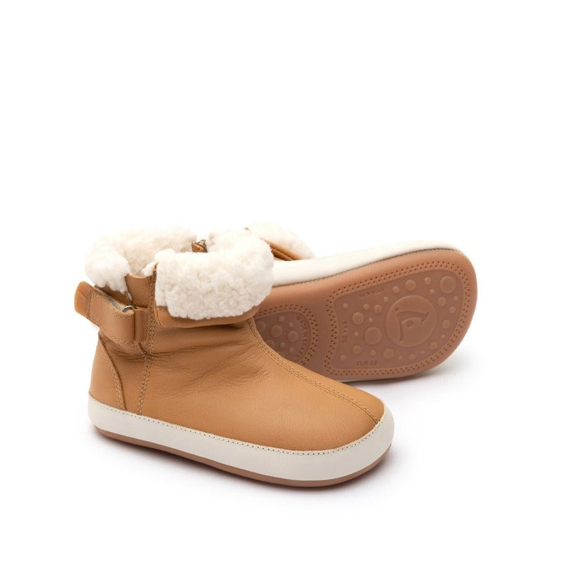 Pair of Tip Toey Joey Toddler Boots Dobby - Hay and Tapioca, one showing the outer side and the other showing the sole.