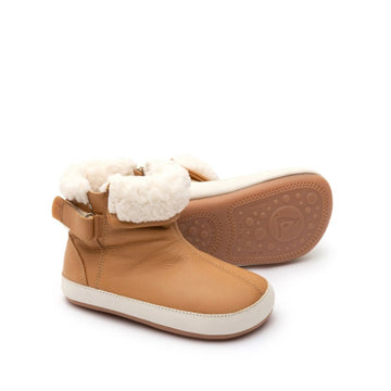 Pair of Tip Toey Joey Toddler Boots Dobby - Hay and Tapioca, one showing the outer side and the other showing the sole.