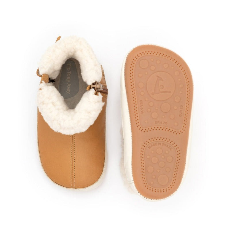Pair of Tip Toey Joey Toddler Boots Dobby - Hay and Tapioca, one showing the top view and the other showing the sole view.