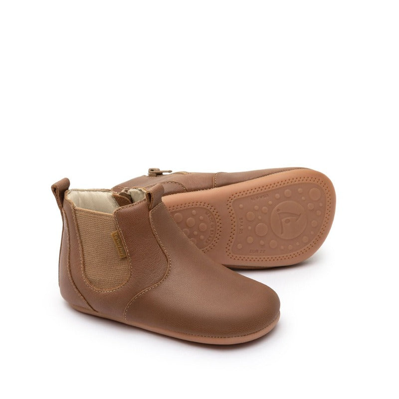 Pair of Tip Toey Joey Toddler Boots Dusty - Whisky, one showing the outer side and the other showing the sole.