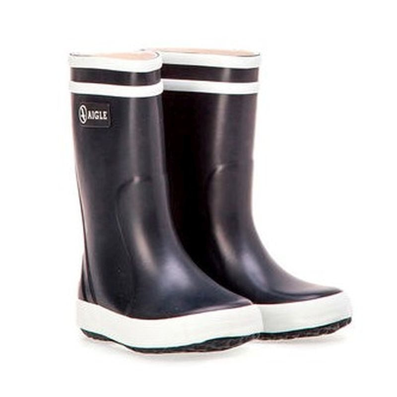 Pair of Aigle Kids Wellies Lolly Pop - Navy, angled view showing front and outer side