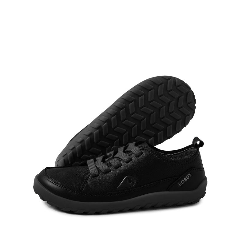 Pair of Bobux Alpha Evo School Shoes - Black, outer side and sole view