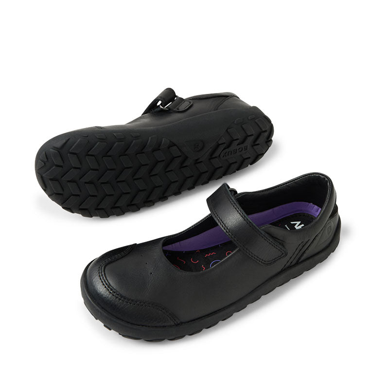 Pair of Bobux Alpha Hula School Shoes - Black, top, outer and inner side and sole view