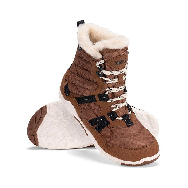 Pair of Xero Women's Boots Alpine - Brown, one angled showing the outer side and front view and the other showing the sole view.