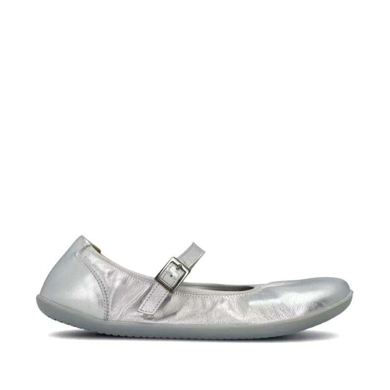 Groundies Women's Amber 2.0 Ballet Shoe in silver, outer side view.
