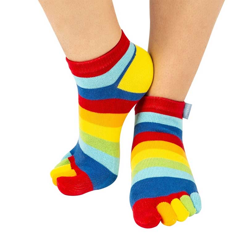 Person wearing TOETOE Adults Essential Anklet Toe Socks - Rainbow.