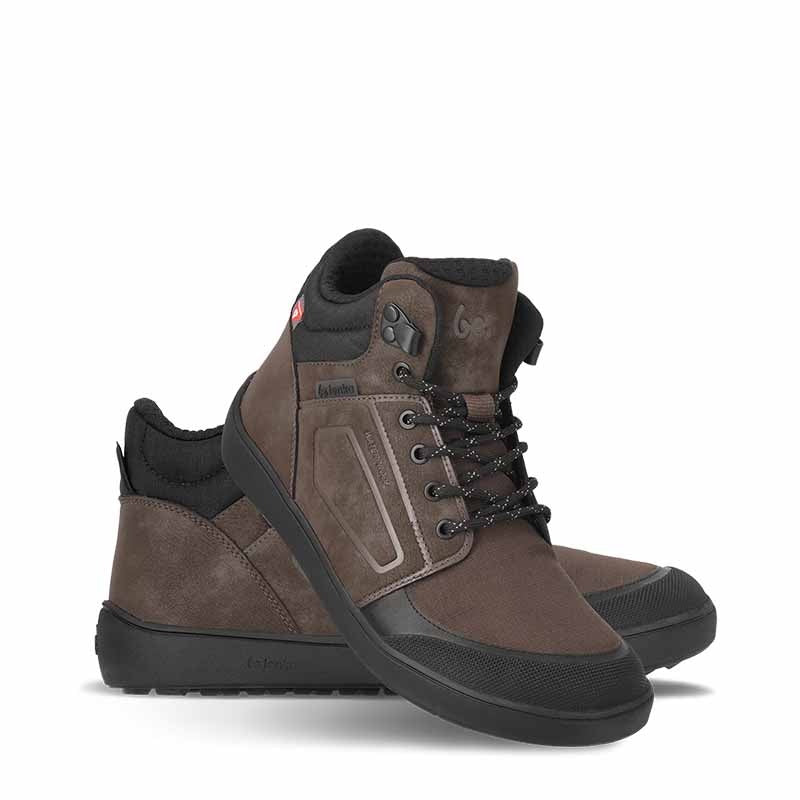 Pair of Be Lenka Adults Boots Arctic Edge - Dark Brown, one angled and leaning showing the outer side, the other partially showing the inner side