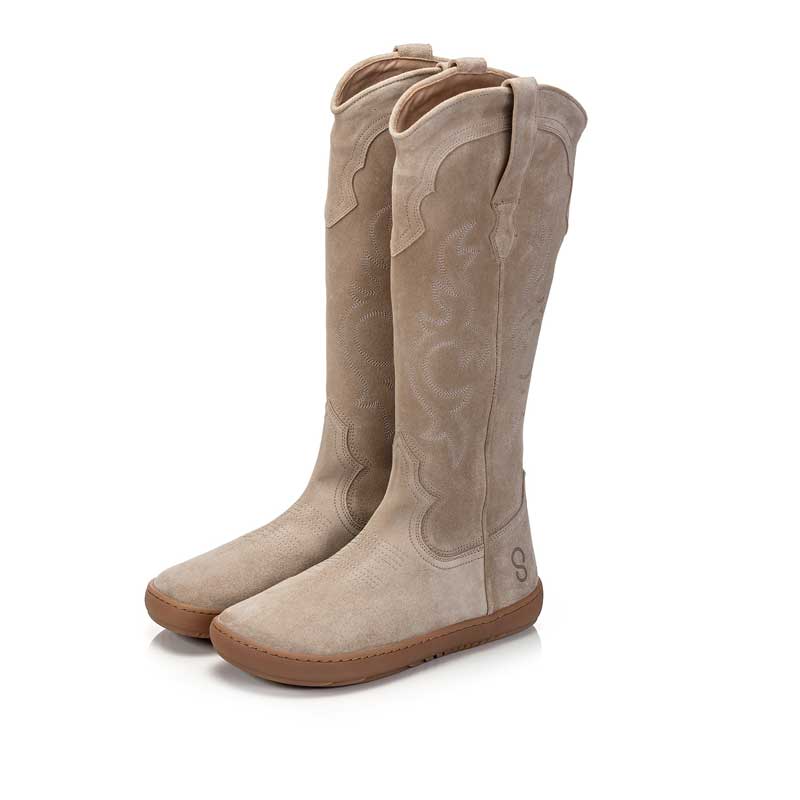 Pair of Shapen Women's Arizona Cowboy Boots - Beige, angled view showing outer side and front.