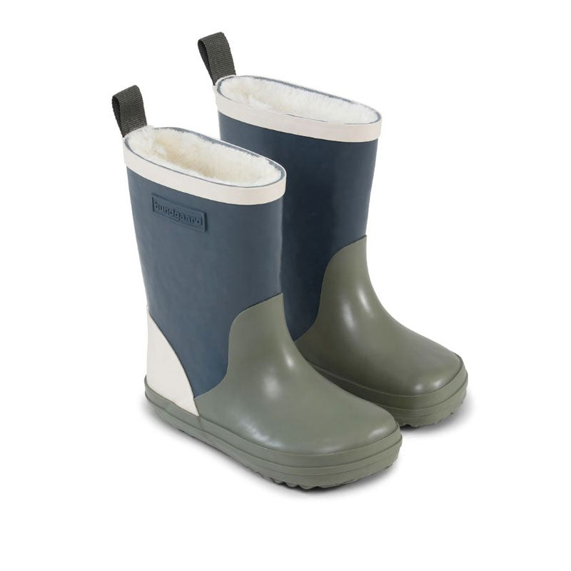 Pair of Bundgaard Kids Wellies Aspen - Army Block, angled outer side and front view