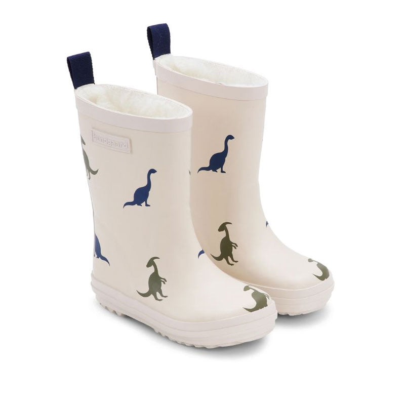 Pair of Bundgaard Kids Wellies Aspen - Ivory Dino, angled outer side and front view