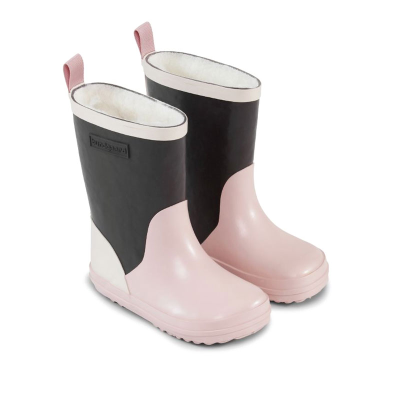 Pair of Bundgaard Kids Wellies Aspen - Old Rose Block, angled outer side and front view