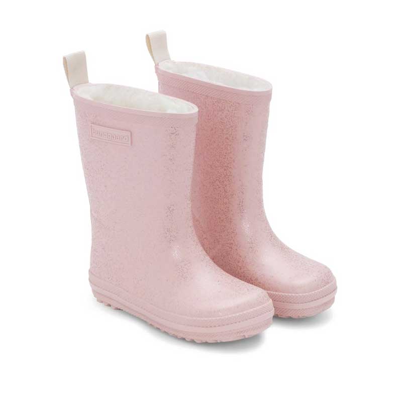 Pair of Bundgaard Kids Wellies Aspen - Old Rose Sparkle, angled outer side and front view