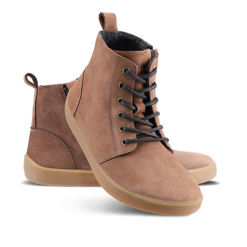 Pair of Be Lenka Adults Boots Atlas - Chocolate, one angled and leaning showing the outer side, the other partially showing the inner side