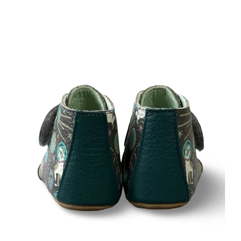 Pair of Poco Nido Kids Velcro Desert Boots with Toe Cap - Space Print, rear view.