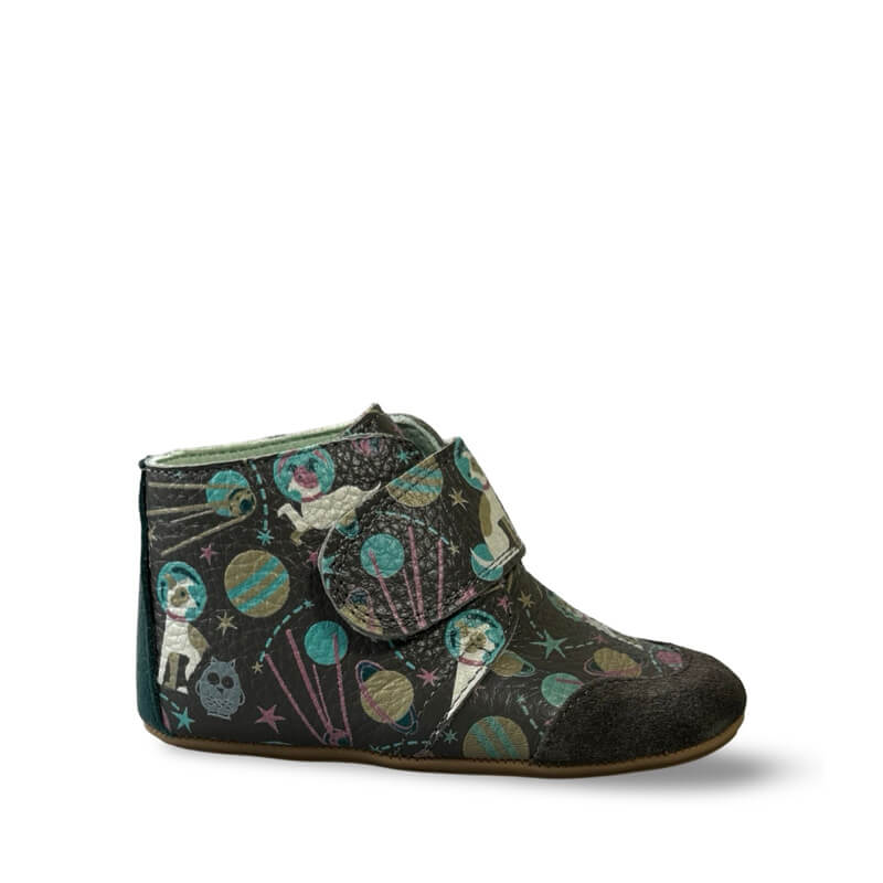 Poco Nido Kids Velcro Desert Boot with Toe Cap - Space Print, outer side view.