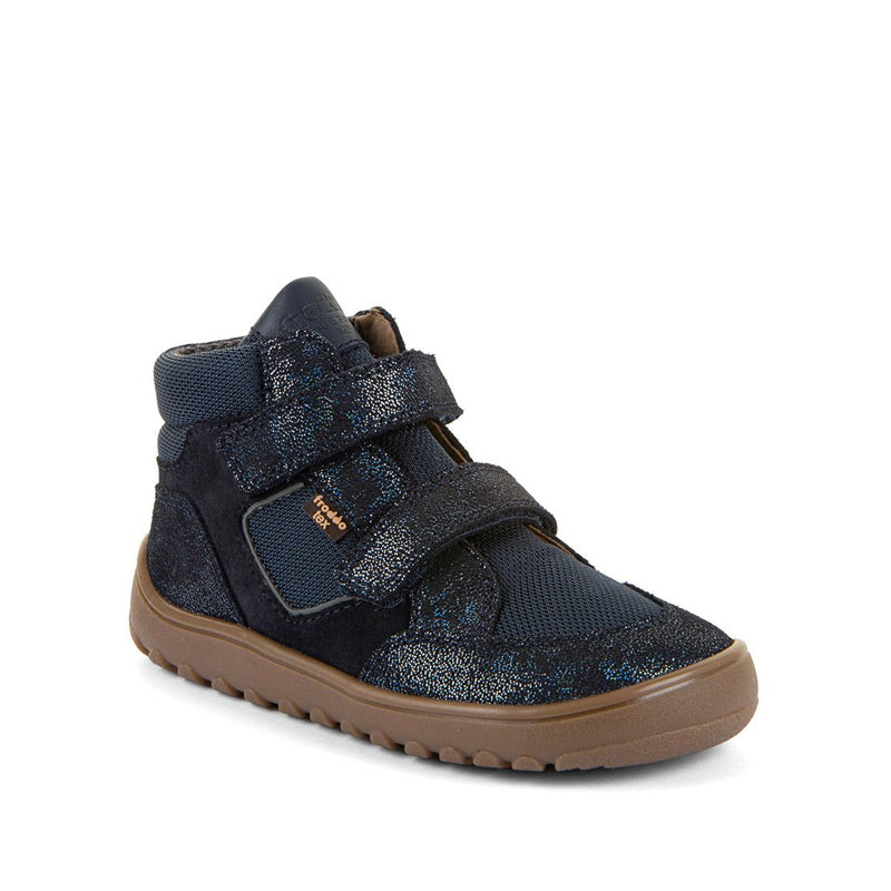Froddo Kids Barefoot Waterproof Up Hill Boot - Blue+, angled view showing outer side and front.