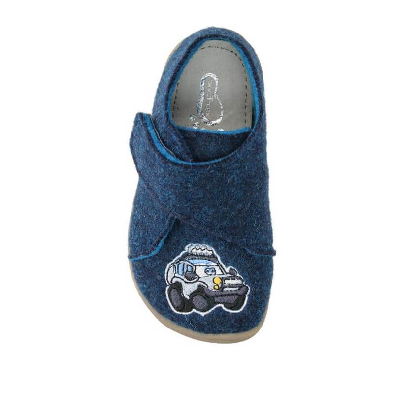 Bar3Foot Kids Woolly Slipper Elf Pascal - Navy, top view showing motif