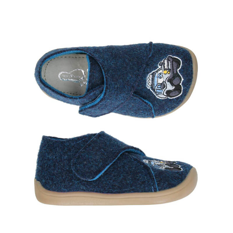 Pair of Bar3Foot Kids Woolly Slippers Elf Pascal - Navy, top and outer side view