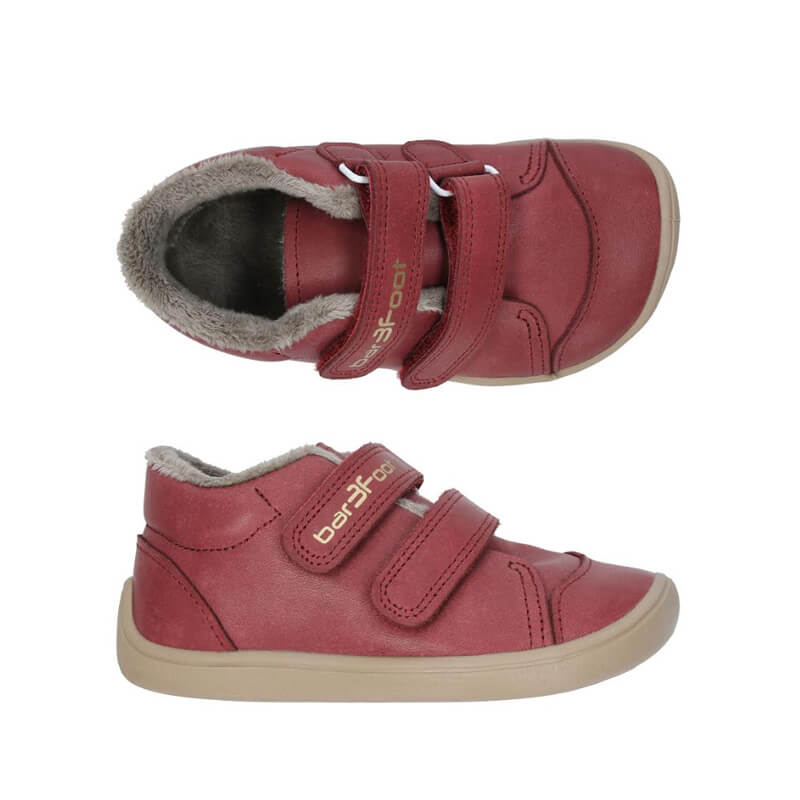 Pair of Bar3foot Kids Boots Elf Step Tex - Burgundy, outer side and top view